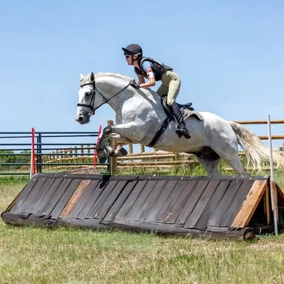 Farraway Quicksilver jumping boldly over a cross-country ditch and wall